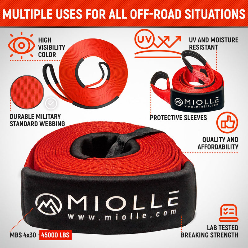 Chargez l&#39;image dans la visionneuse de la galerie, Miolle Offroad Recovery Set Tow Strap 4”x30’- 45000lb MBS - Tow Straps Heavy Duty with Hooks for Truck, Jeep, SUV
