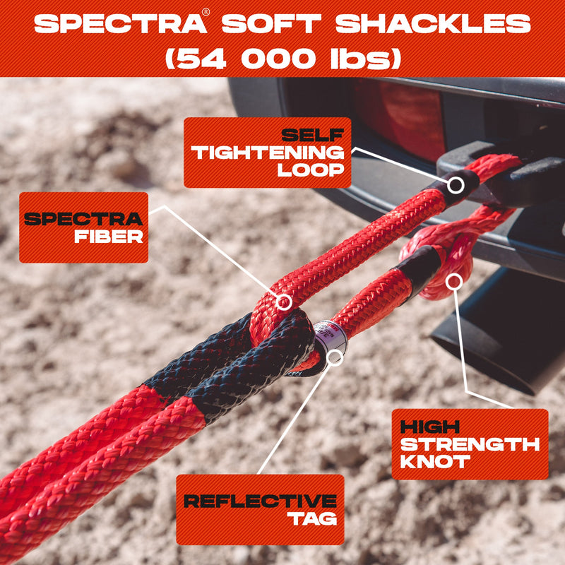 Load image into Gallery viewer, Heavy Duty Kinetic Recovery Rope - Miolle 1-1/4&quot; x 30&#39; Tow Rope, Red (53000 lbs), with 2 Spectra Fiber Soft Shackles 9/16&#39; x 10&quot; (54000 lbs)
