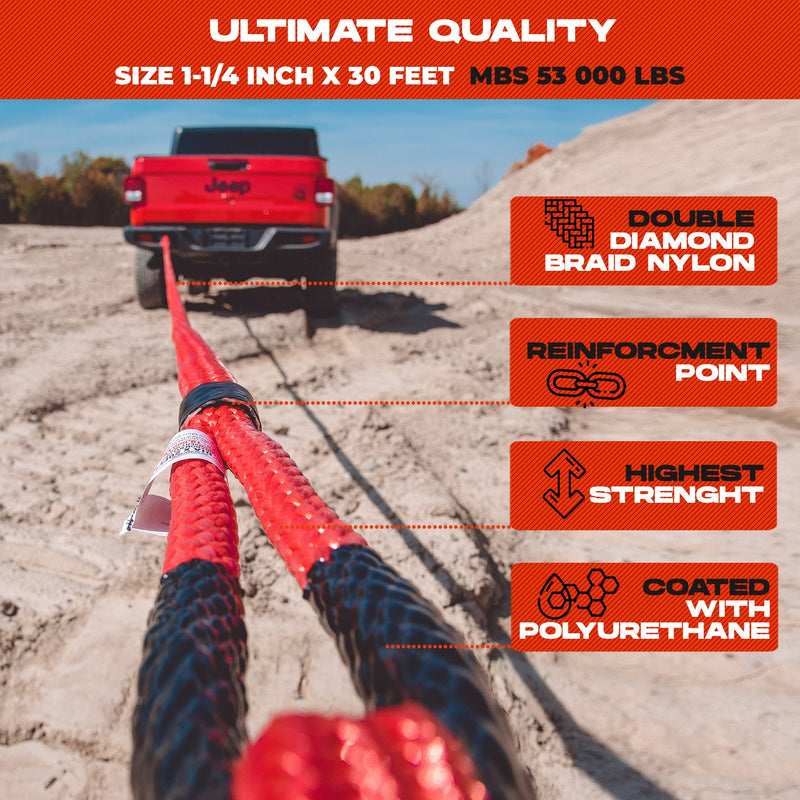 Load image into Gallery viewer, Heavy Duty Kinetic Recovery Rope - Miolle 1-1/4&quot; x 30&#39; Tow Rope, Red (53000 lbs), with 2 Spectra Fiber Soft Shackles 9/16&#39; x 10&quot; (54000 lbs)
