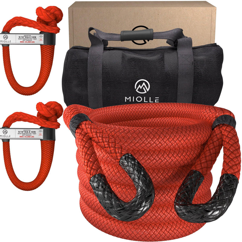 Chargez l&#39;image dans la visionneuse de la galerie, Heavy Duty Kinetic Recovery Rope - Miolle 1-1/4&quot; x 30&#39; Tow Rope, Red (53000 lbs), with 2 Spectra Fiber Soft Shackles 9/16&#39; x 10&quot; (54000 lbs) - Miolle
