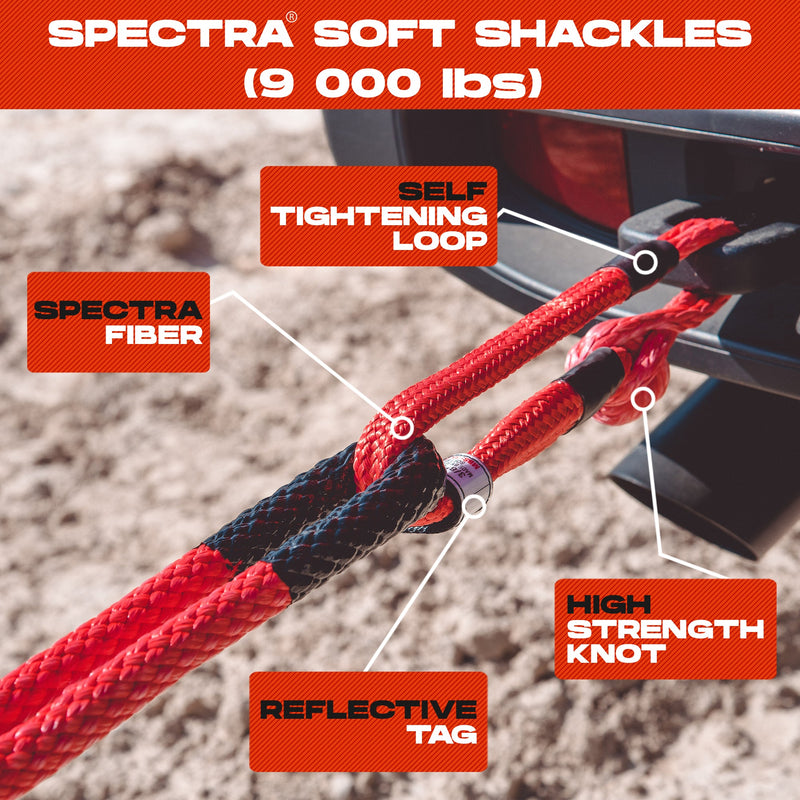 Load image into Gallery viewer, Kinetic Recovery Rope - Miolle 1/2&quot;x20&#39; for ATV, UTV, Snowmobile, Red (7700lbs), with 2 Spectra Soft Shackles 3/16&#39; (9000lbs)
