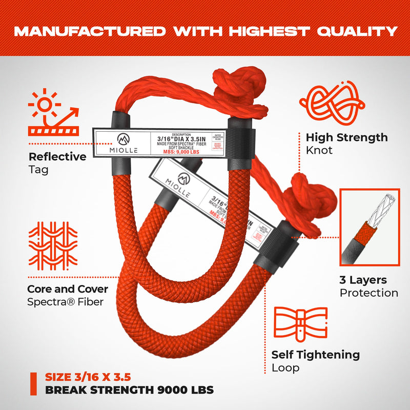 Load image into Gallery viewer, Kinetic Recovery Rope - Miolle 1/2&quot;x20&#39; for ATV, UTV, Snowmobile, Red (7700lbs), with 2 Spectra Soft Shackles 3/16&#39; (9000lbs)
