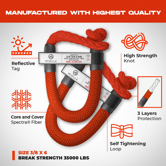 Kinetic Recovery Rope - Miolle 7/8"x30' Red (29,300 lbs), with 2 Spectra Fiber Soft Shackles 3/8' x 6" (35000 lbs)