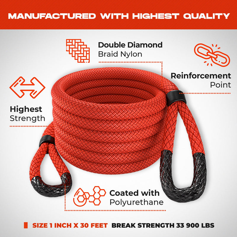 Load image into Gallery viewer, Kinetic Recovery Rope - Miolle 1&quot;x30&#39; Red (33,900 lbs), with 2 Spectra Fiber Soft Shackles 3/8&#39; x 6&quot; (35000 lbs)
