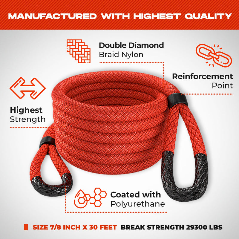 Chargez l&#39;image dans la visionneuse de la galerie, Kinetic Recovery Rope - Miolle 7/8&quot;x30&#39; Red (29,300 lbs), with 2 Spectra Fiber Soft Shackles 3/8&#39; x 6&quot; (35000 lbs)
