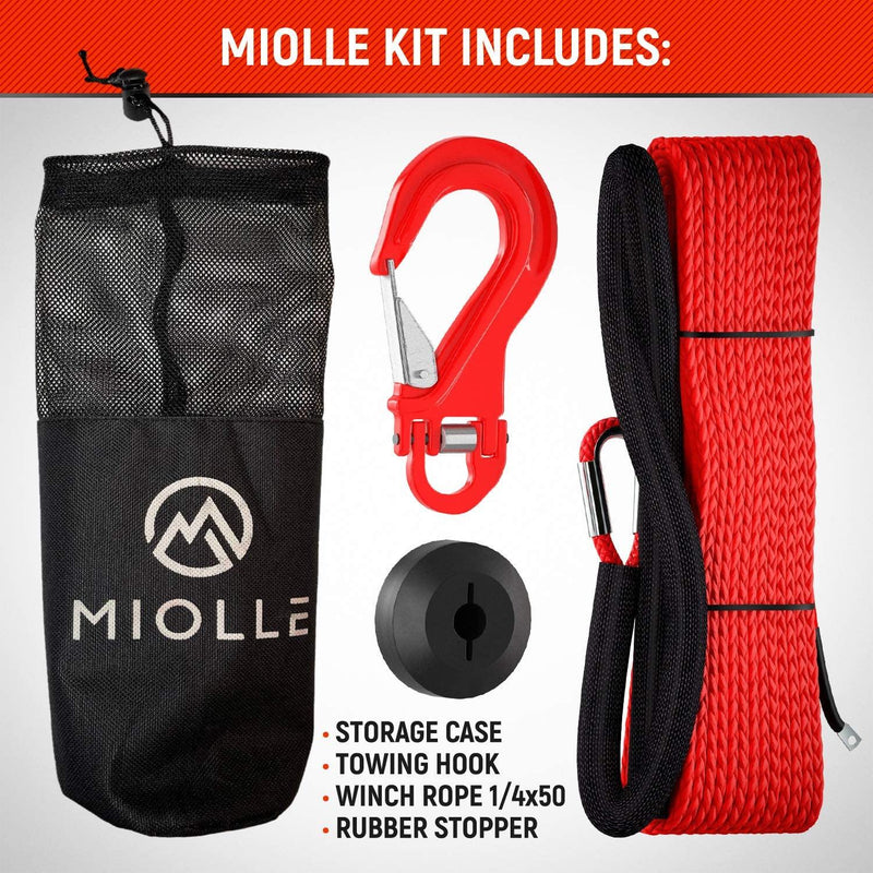 Chargez l&#39;image dans la visionneuse de la galerie, Miolle Pre-streched 1/4 Inch x 50 Feet 8200LBs (Lab Tested) Synthetic Winch Line Cable Rope with Most Advanced Hook, Rubber Stopper and Black Protecting Sleeve for 4x4 - Miolle
