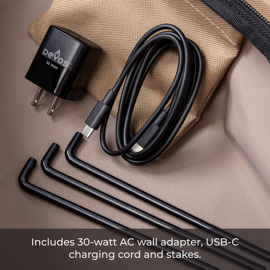 LightRanger 2000 comes with 30-watt AC wall adapter, USB-C charing cord and stakes.