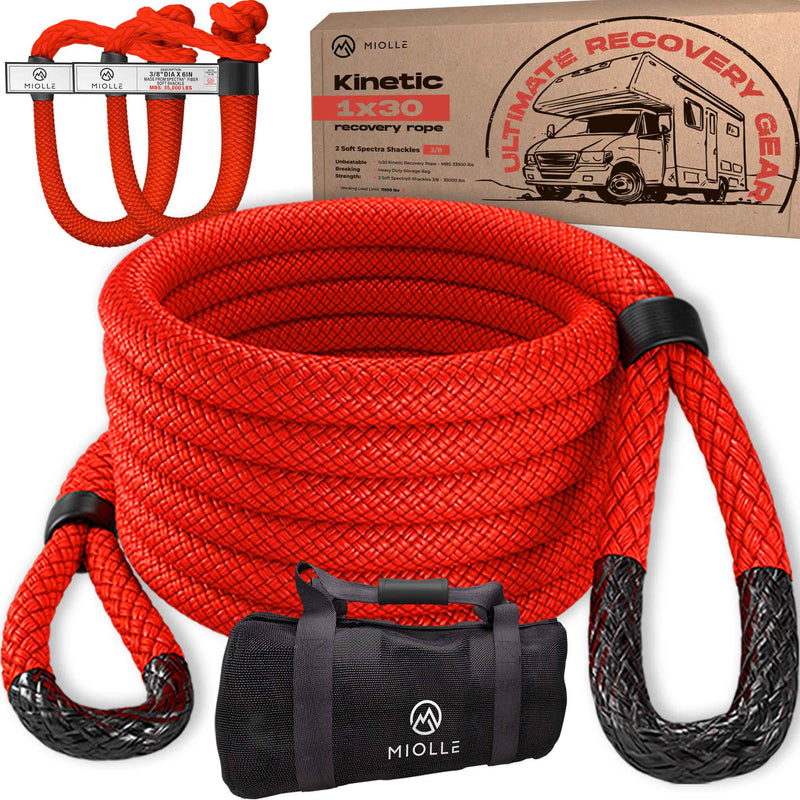 Load image into Gallery viewer, Kinetic Recovery Rope - Miolle 1&quot;x30&#39; Red (33,900 lbs), with 2 Spectra Fiber Soft Shackles 3/8&#39; x 6&quot; (35000 lbs)
