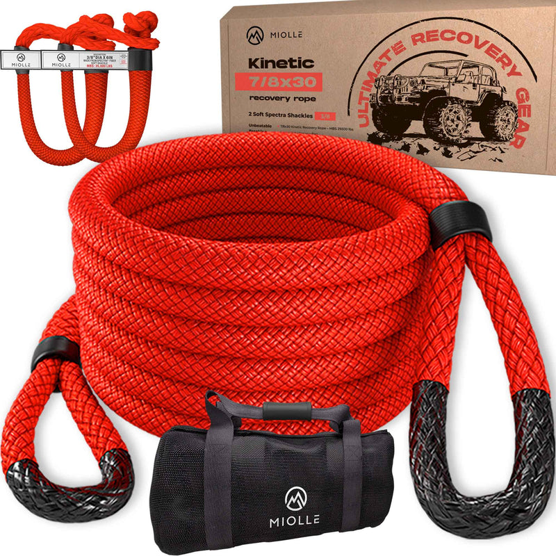 Load image into Gallery viewer, Kinetic Recovery Rope - Miolle 7/8&quot;x30&#39; Red (29,300 lbs), with 2 Spectra Fiber Soft Shackles 3/8&#39; x 6&quot; (35000 lbs)
