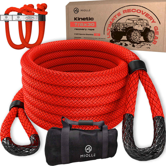 Kinetic Recovery Rope - Miolle 7/8"x30' Red (29,300 lbs), with 2 Spectra Fiber Soft Shackles 3/8' x 6" (35000 lbs)